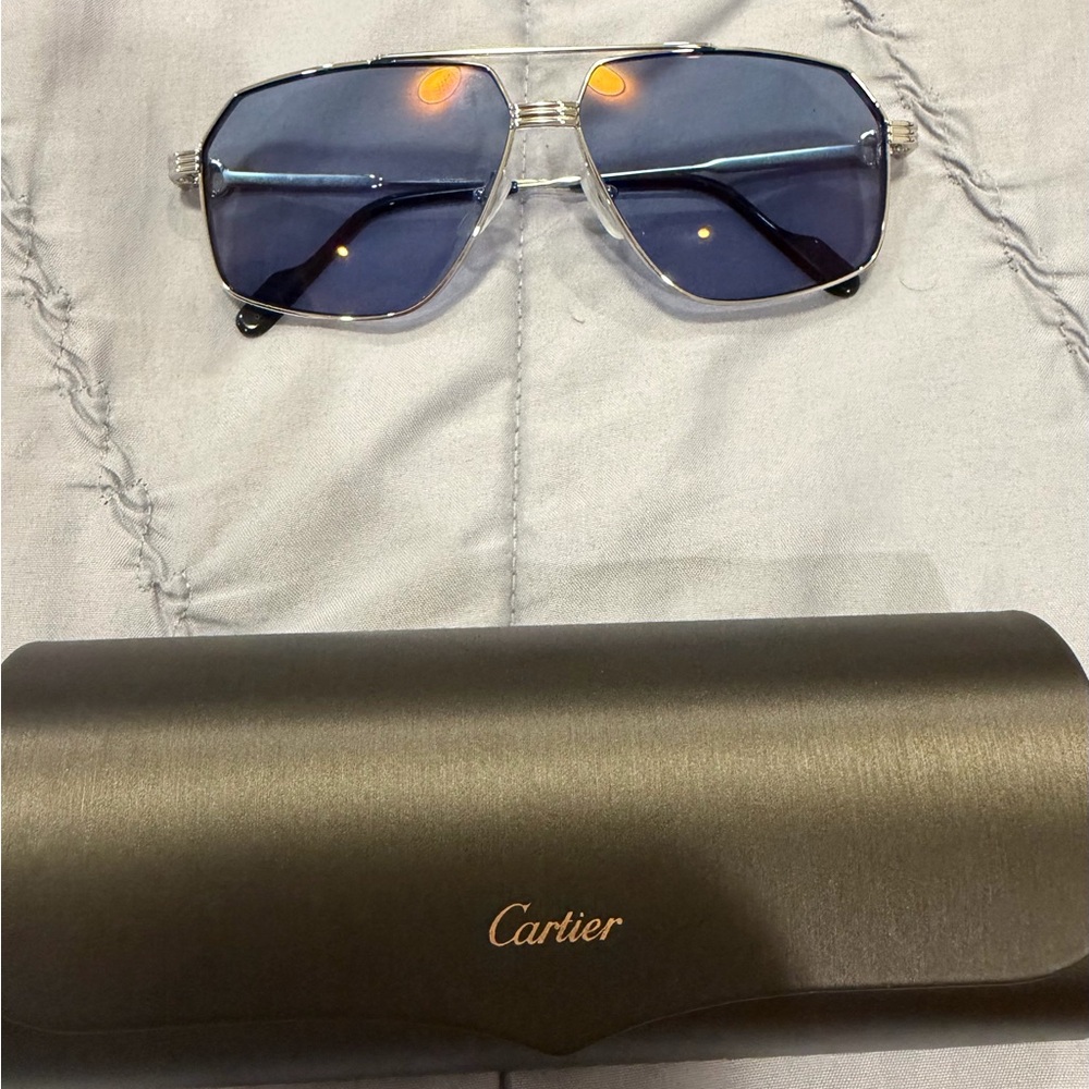 Cartier Silver Frame Sunglasses with Blue Lenses